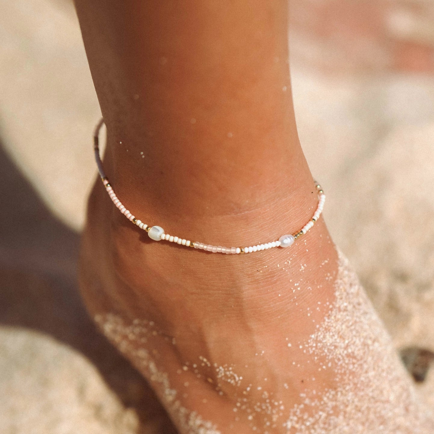 Cinta Beaded Surf Anklet, Dainty Pink Ankle Bracelet