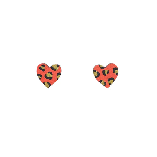 Mini Leopard Print Heart Orange and Gold Wooden Earrings