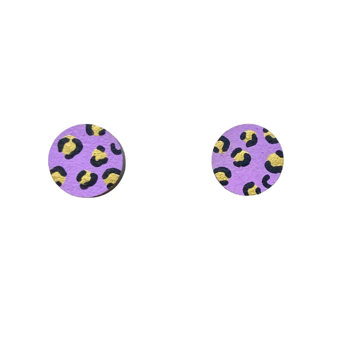 Mini Leopard Print Circle Studs Lilac and Gold