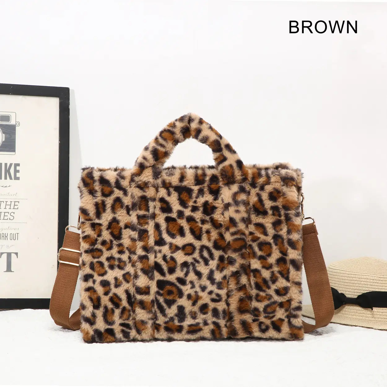 Faux Fur Leopard Print Tote Bag brown