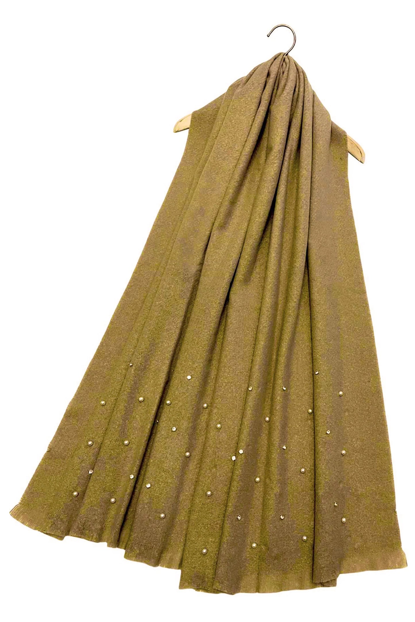Pearl and Diamante Plain Wool Frayed Scarf Beige