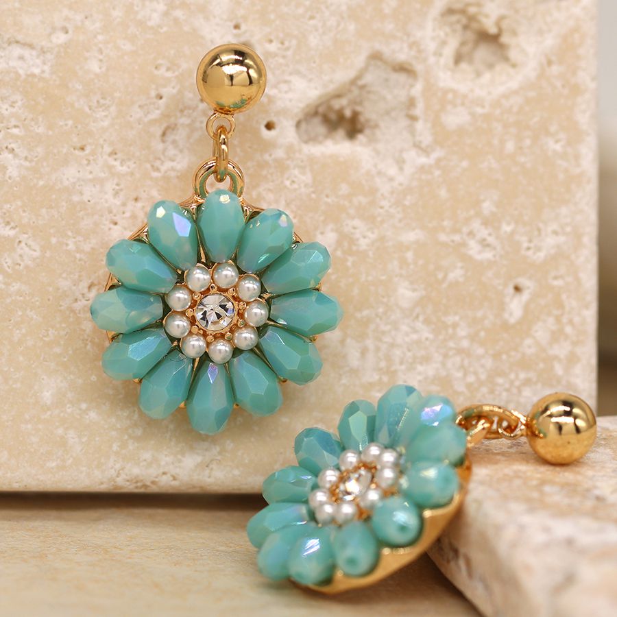 Golden aqua bead daisy earrings with pearls