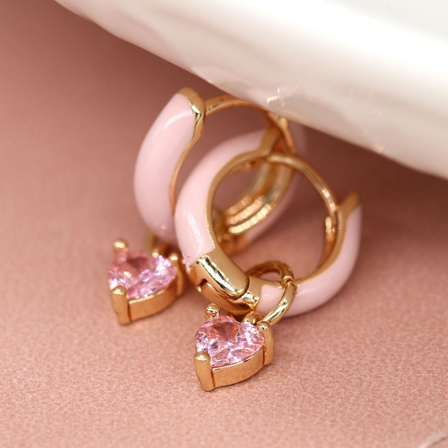Pink enamel hoop and crystal drop earrings