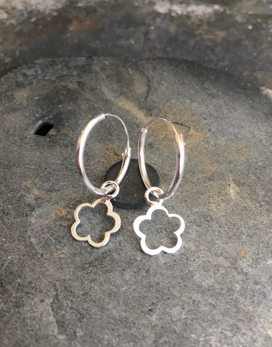 Silver flower hoop earrings