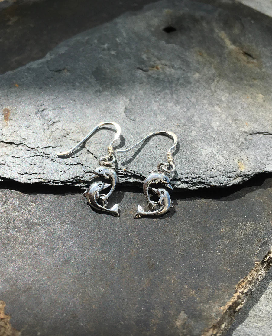 Silver double dolphin earrings