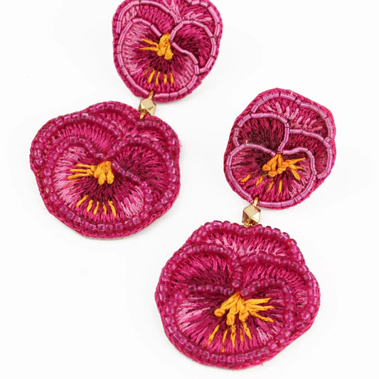 Double Pansy Dark Pink Beaded Earrings