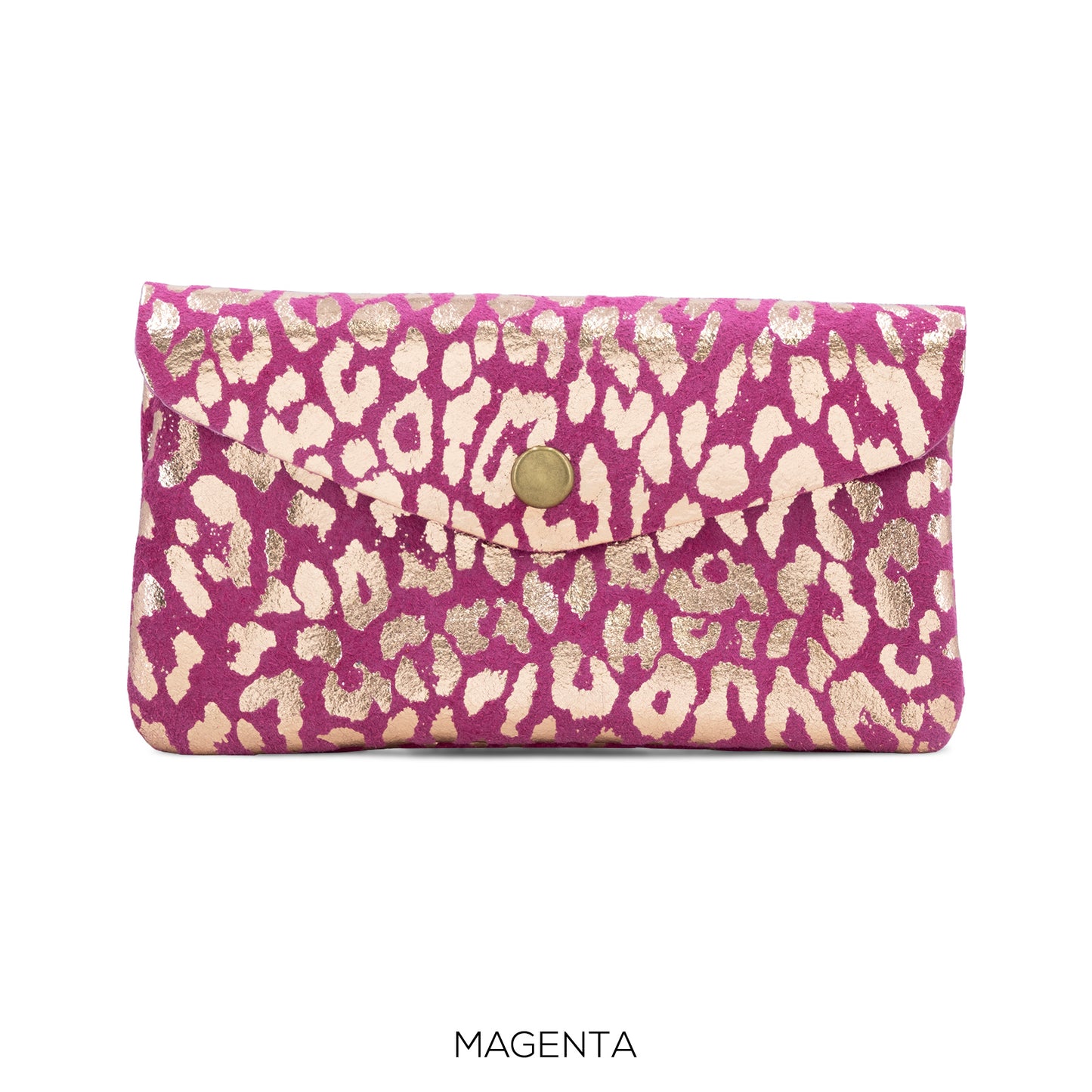 Large Suede Leather Button Purse Leopard Foil magenta