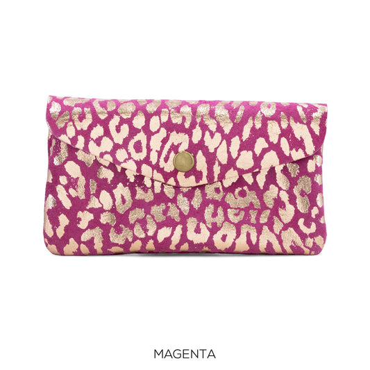 Large Suede Leather Button Purse Leopard Foil magenta