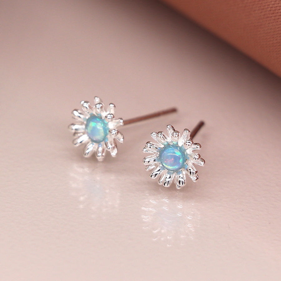 Sterling silver blue opal flower burst earrings