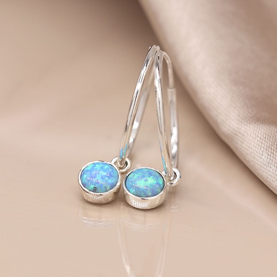 Sterling silver fine hoop and opal drop earrings