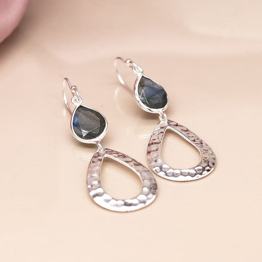 Sterling silver hammered teadrop and labradorite drop earrings