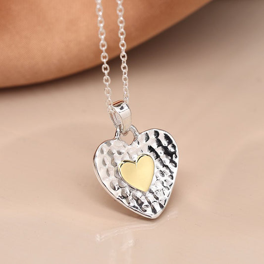 Sterling silver and brass hammered heart necklace