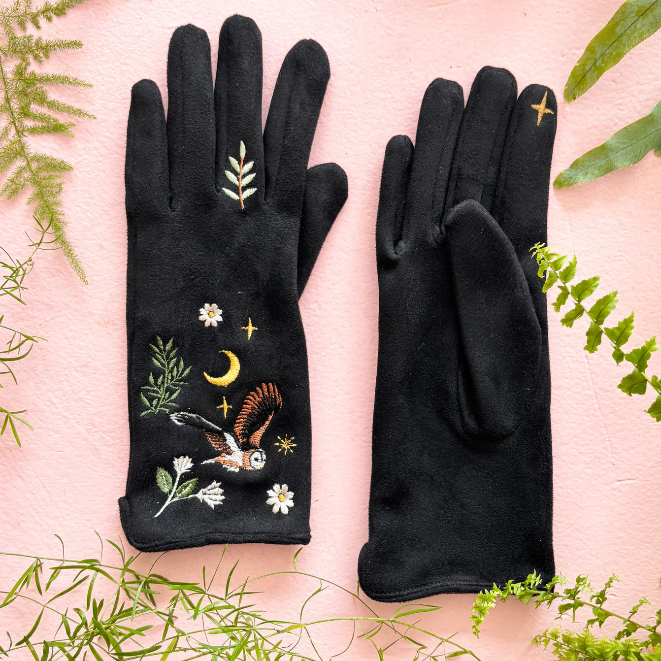 Secret Garden Black Embroidered Owl Gloves