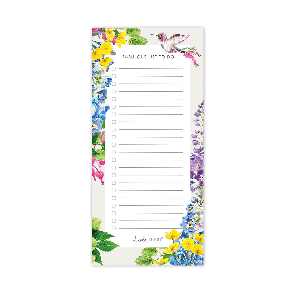 Magnetic To Do List Pad Featuring Botanical Hummingbird