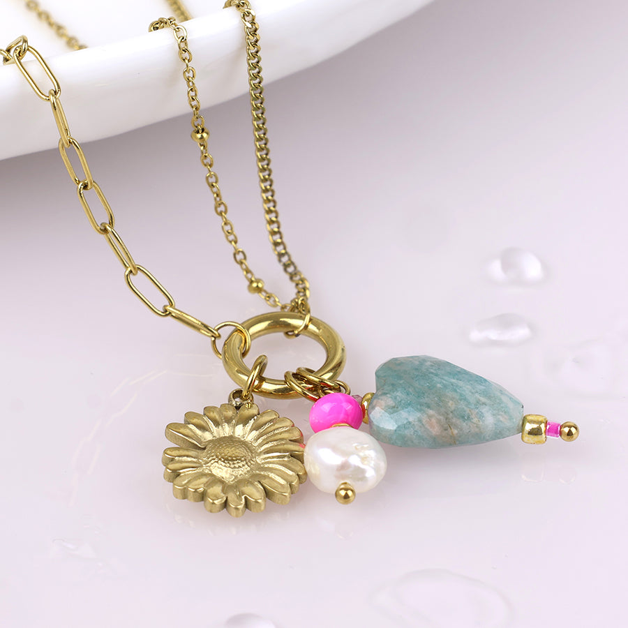 Waterproof Gold Plated Flower Bead Cluster Necklace