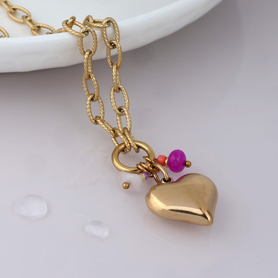 Waterproof Gold Plated Necklace With Heart & Beads