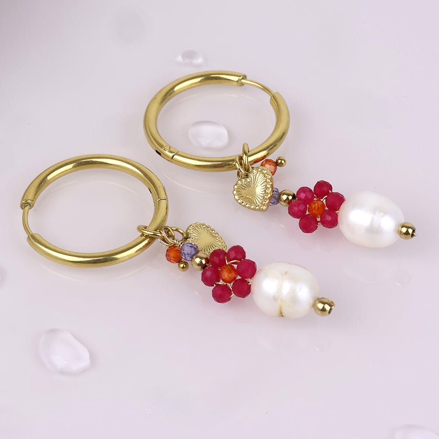 Waterproof Gold Plated Hoop Heart Bead Cluster Earrings