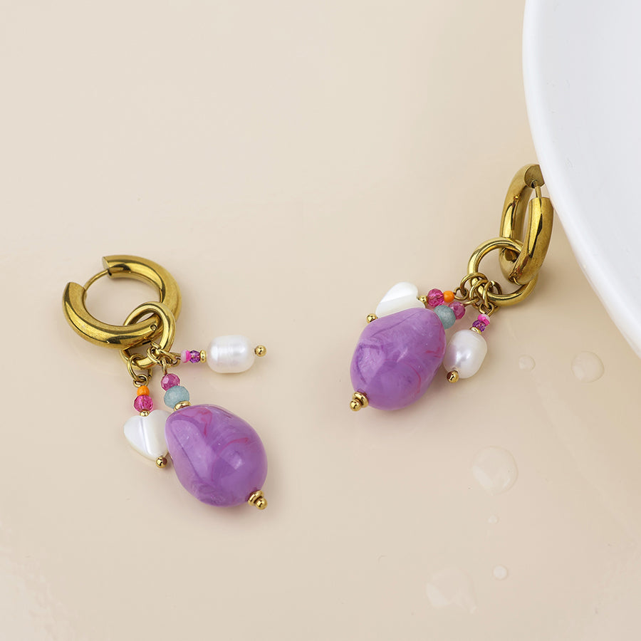 Waterproof Gold Plated Hoop & Purple Cluster Earrings