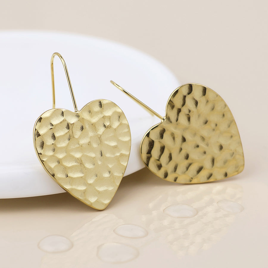 Waterproof Gold Plated Beaten Heart Drop Earrings