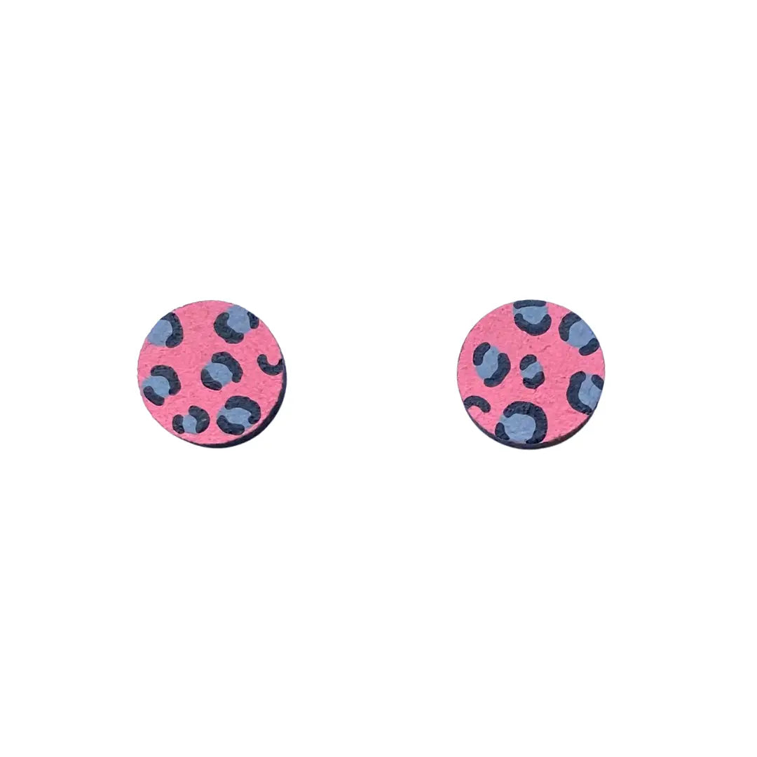 Mini Leopard Print Circle Studs Pink and Grey