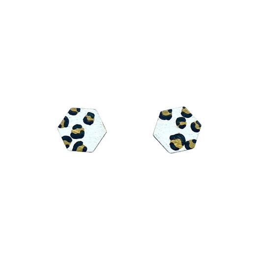 Mini Hexagon Leopard Print Stud Earring Faded White and Gold