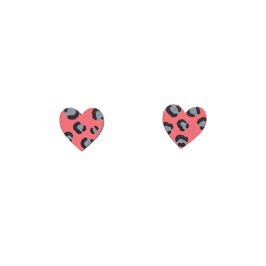 Mini Leopard Print Pink and Grey Wooden Earrings