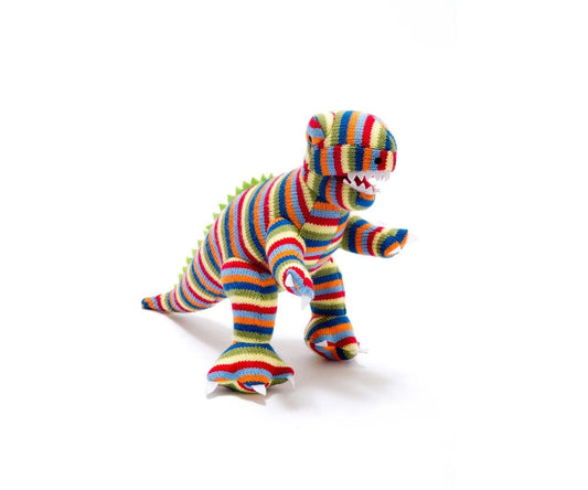 T Rex Dinosaur Plush Toy Knitted Rainbow Stripe