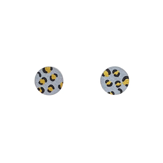 Mini Leopard Print Circle Studs Grey and Gold Wooden Earring
