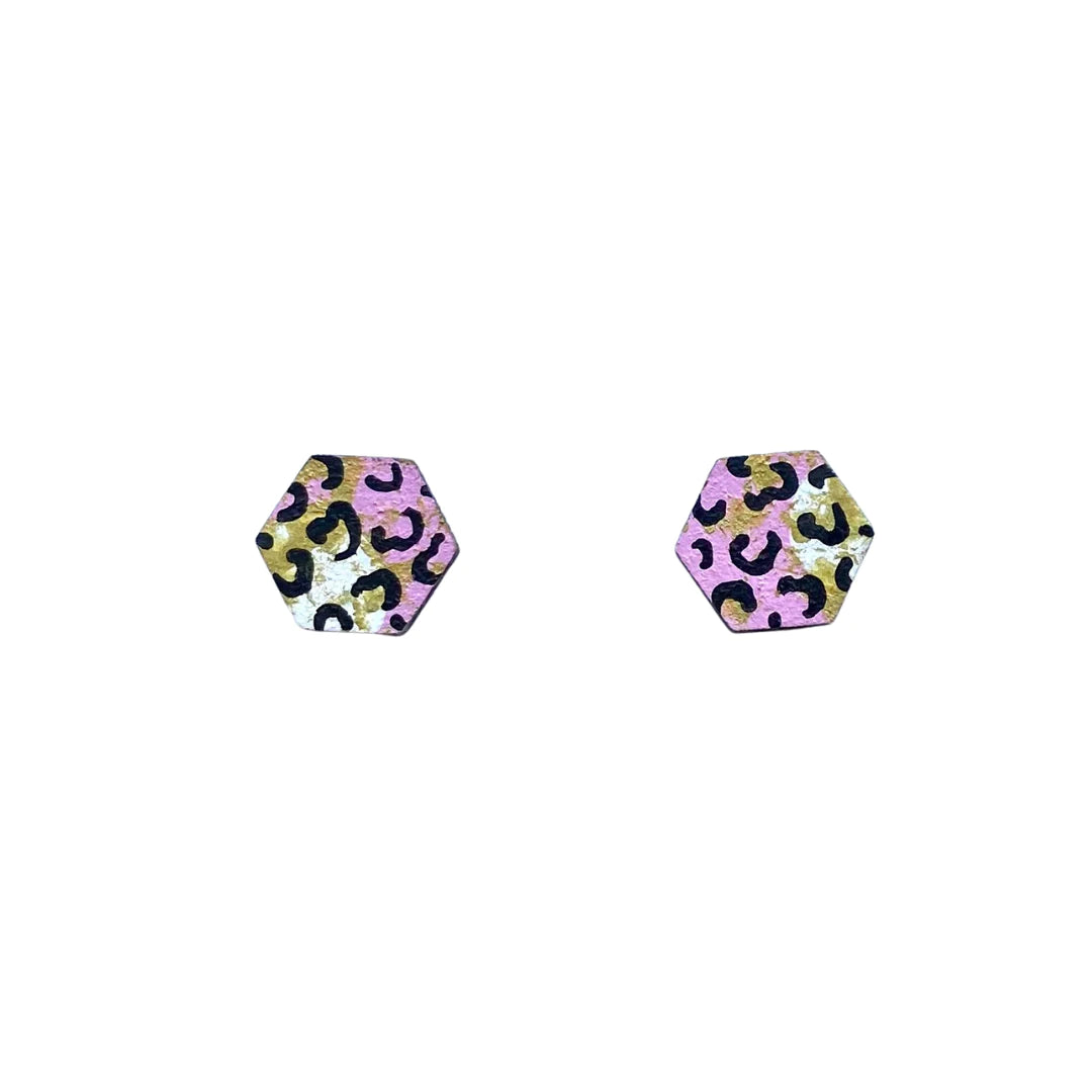 Mini Hexagon Mixed Leopard Print Hand Painted Wooden Studs