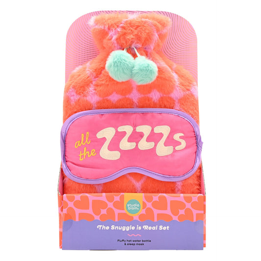Studio Blom - The Snuggle Is Real - Furry 1.5L Hot Water Bottle And Silk Eye Mask Gift Set