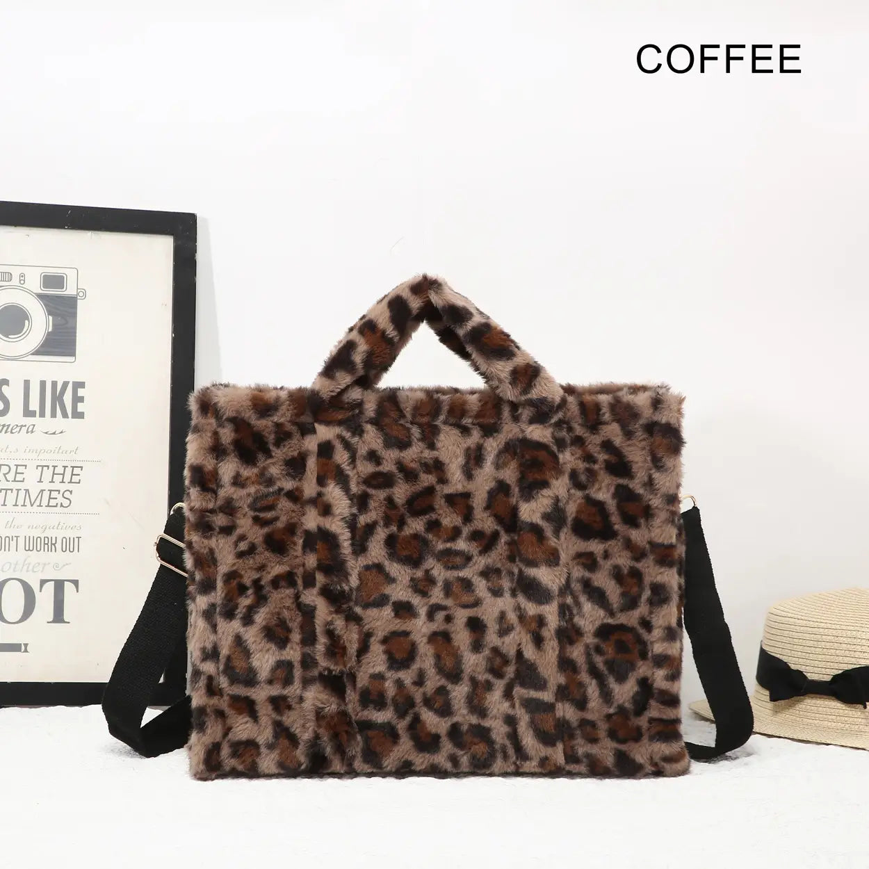 Faux Fur Leopard Print Tote Bag coffee