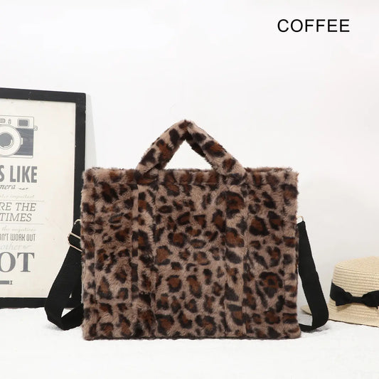 Faux Fur Leopard Print Tote Bag coffee