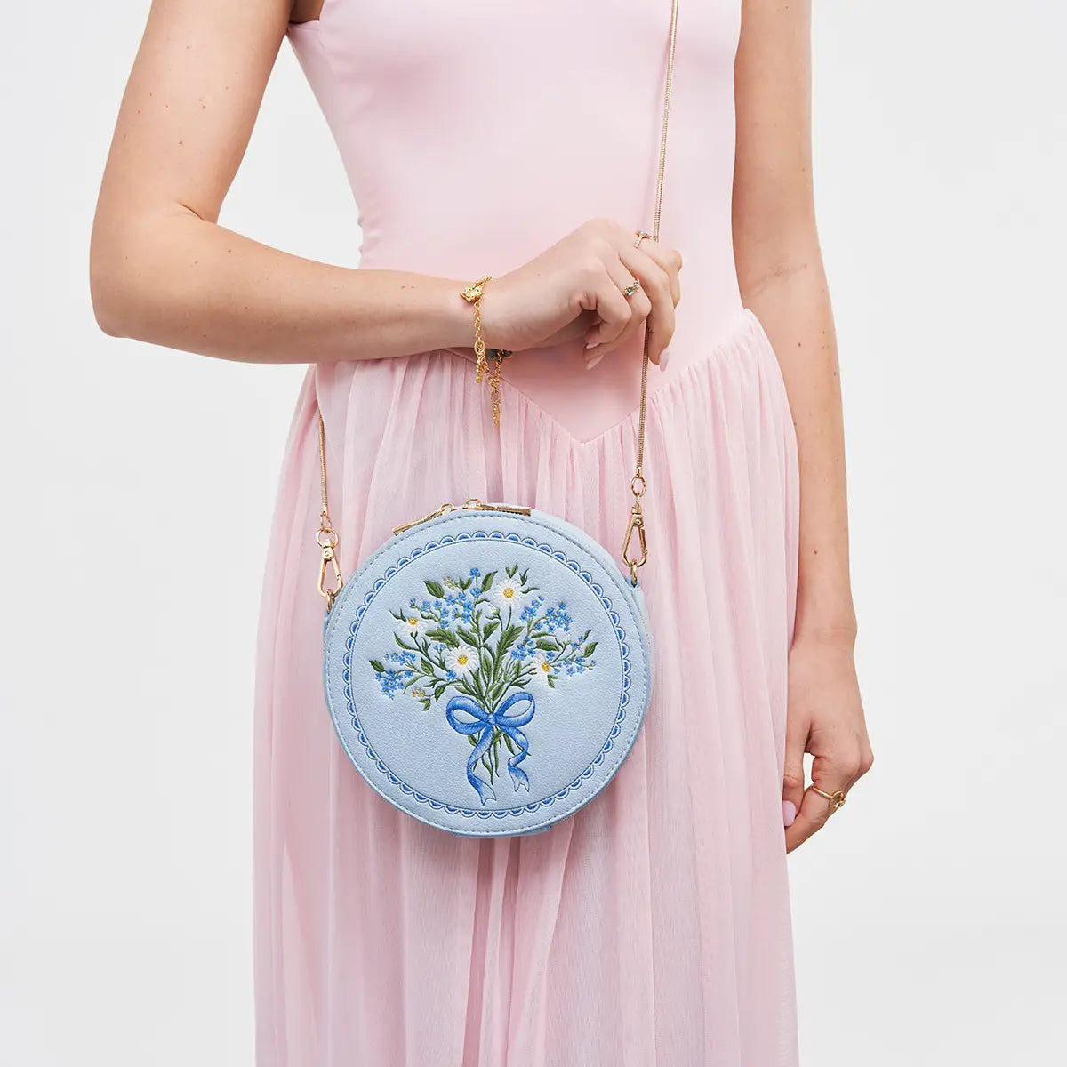 Floral Bow Blue Embroidered Circle Bag