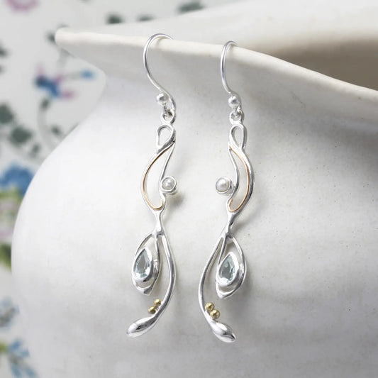 Handmade Sterling Silver Blue Topaz and Pearl Drop Earring