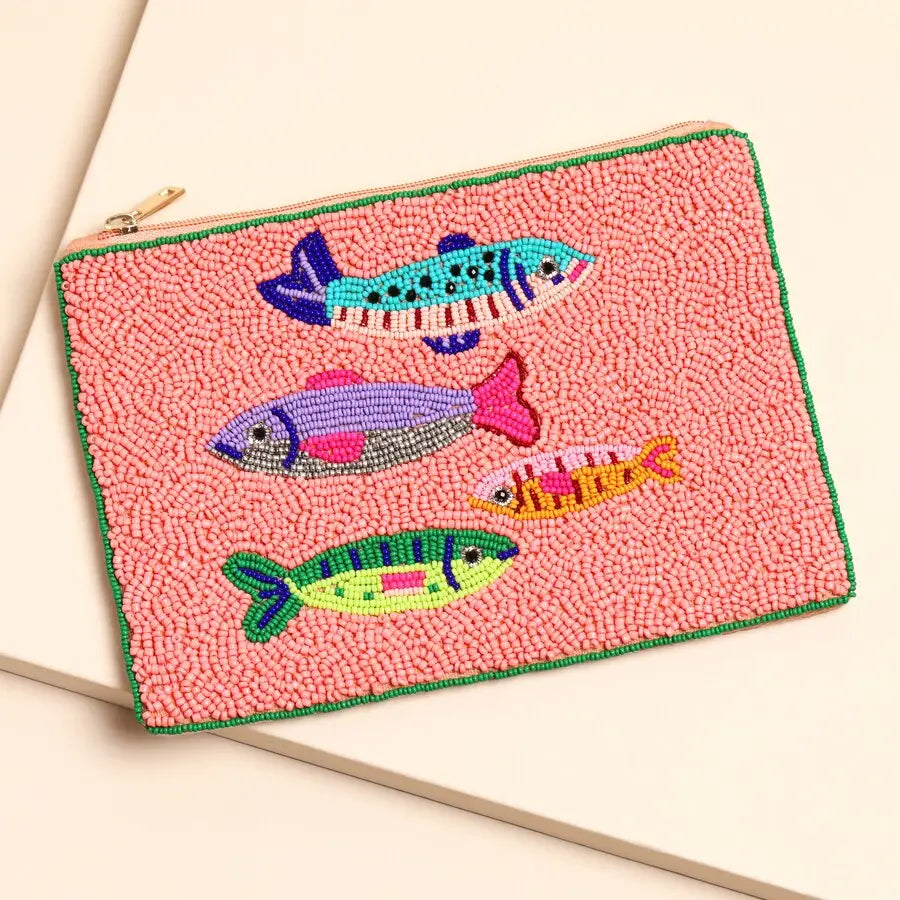 Beaded Pink 4 Fish Medium Pouch