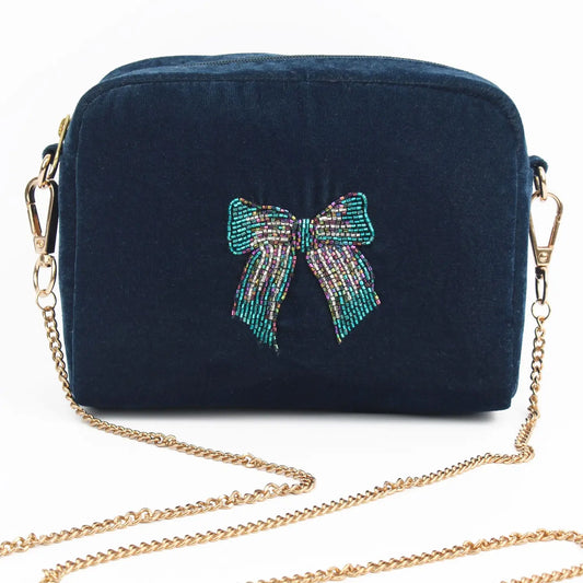 Navy Velvet Silver Blue Bow Crossbody Bag