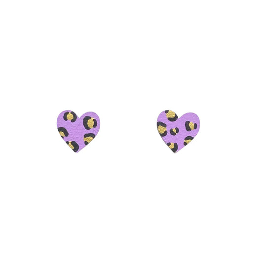 Mini Leopard Print Heart Lilac and Gold Wooden Earrings