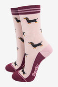 Women's Bamboo Socks - Cream/Berry, Sausage Dog Stripes