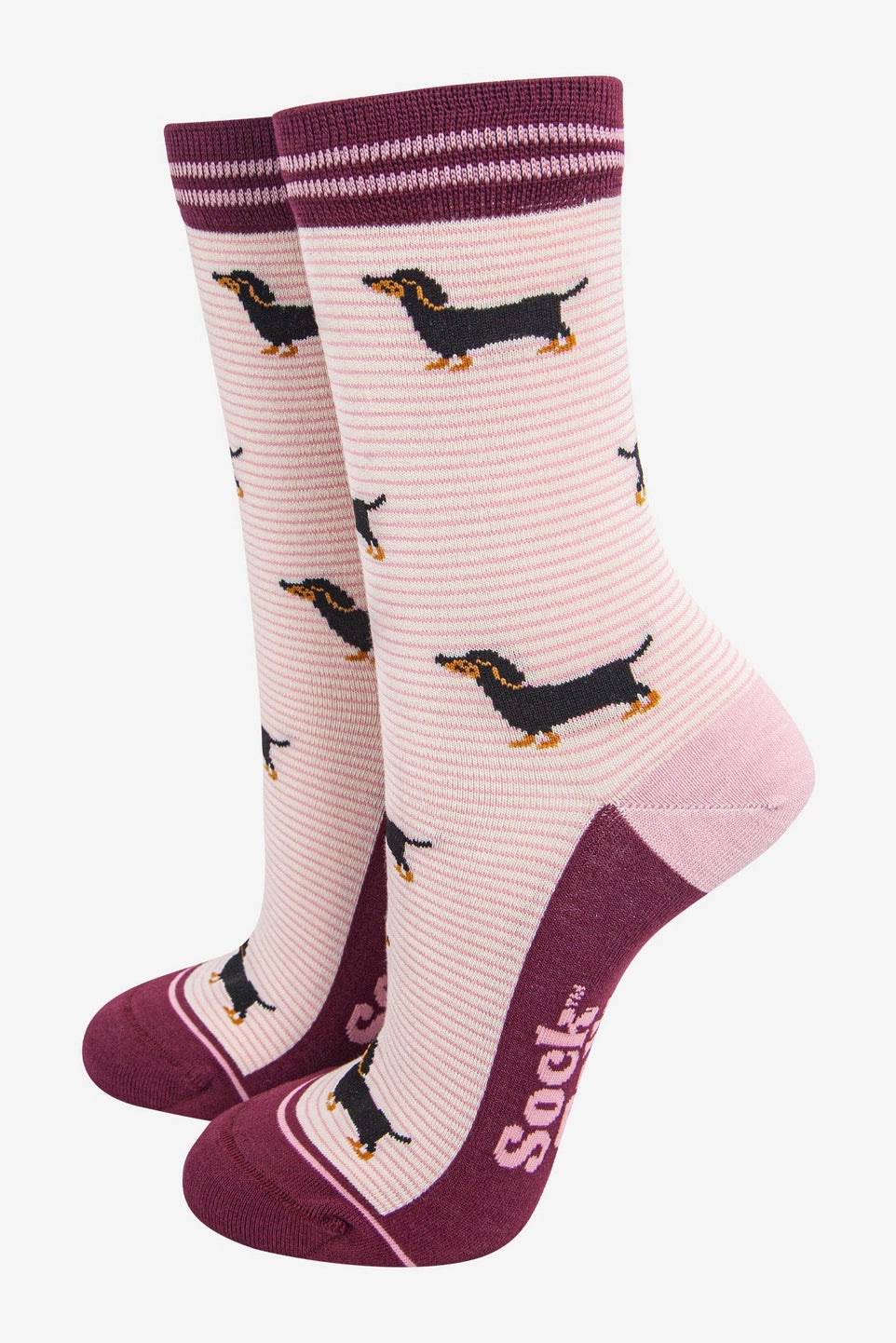 Women's Bamboo Socks - Cream/Berry, Sausage Dog Stripes
