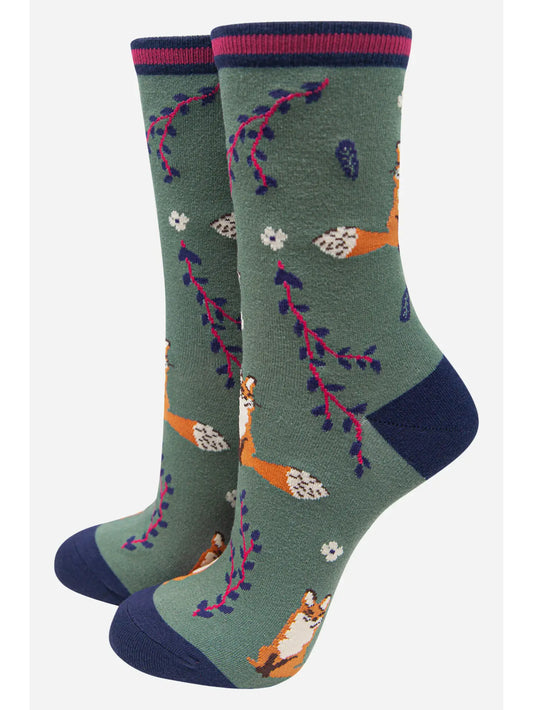 Women's Fox Novelty Ankle Socks Leaf Print Green