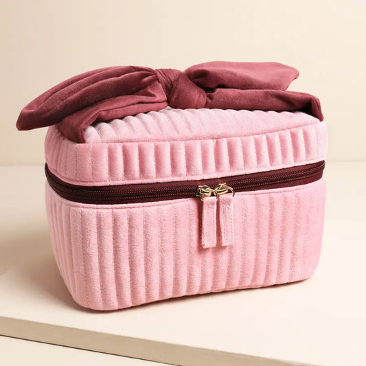 Large Pink & Burgundy Velvet Bow Vanity Makeup Bag
