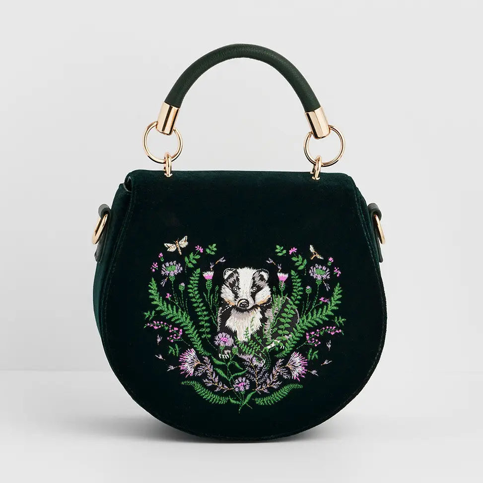 Badger Embroidered Green Top Handle Saddle Bag