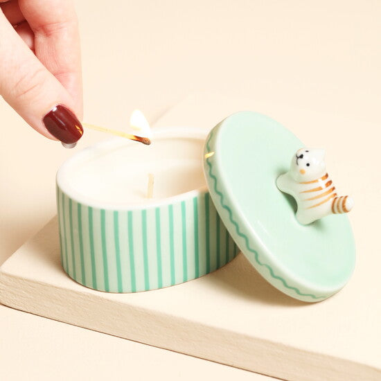 Green Oval Ceramic Cat Candle Pot