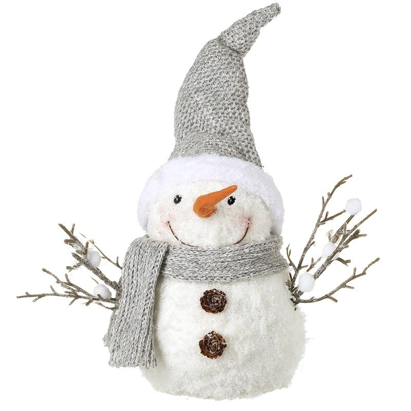Snowman With Twig Arms Grey Hat & Scarf