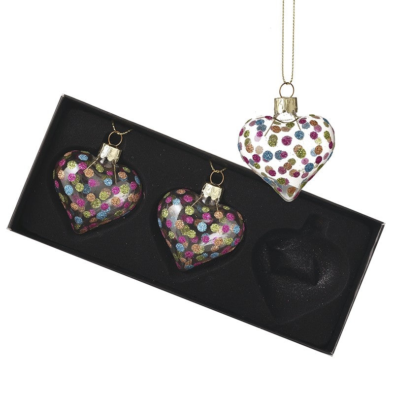 Glitter Spotty Heart Baubles Set Of 3