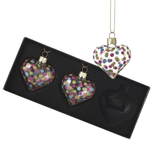 Glitter Spotty Heart Baubles Set Of 3