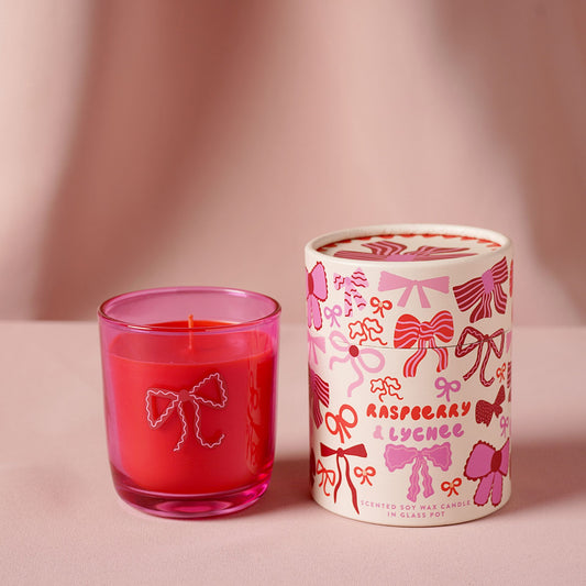 Raspberry Blossom Pink Glass Fragranced Candle - Bows