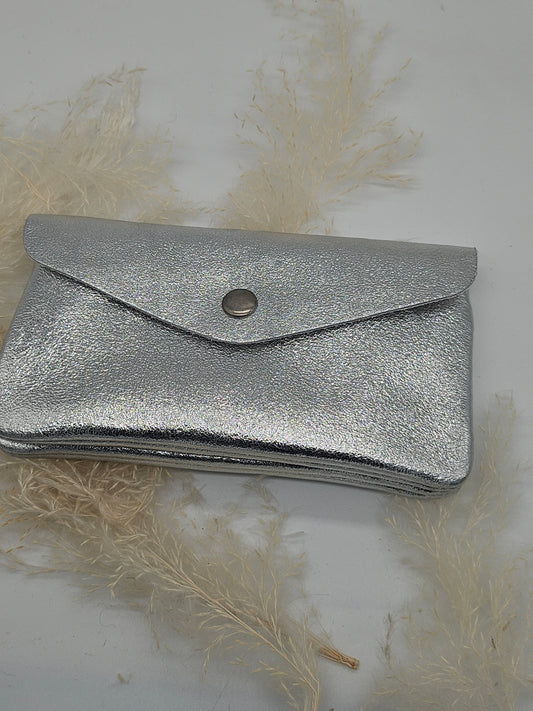 Large Metallic Leather Button Purse Silver