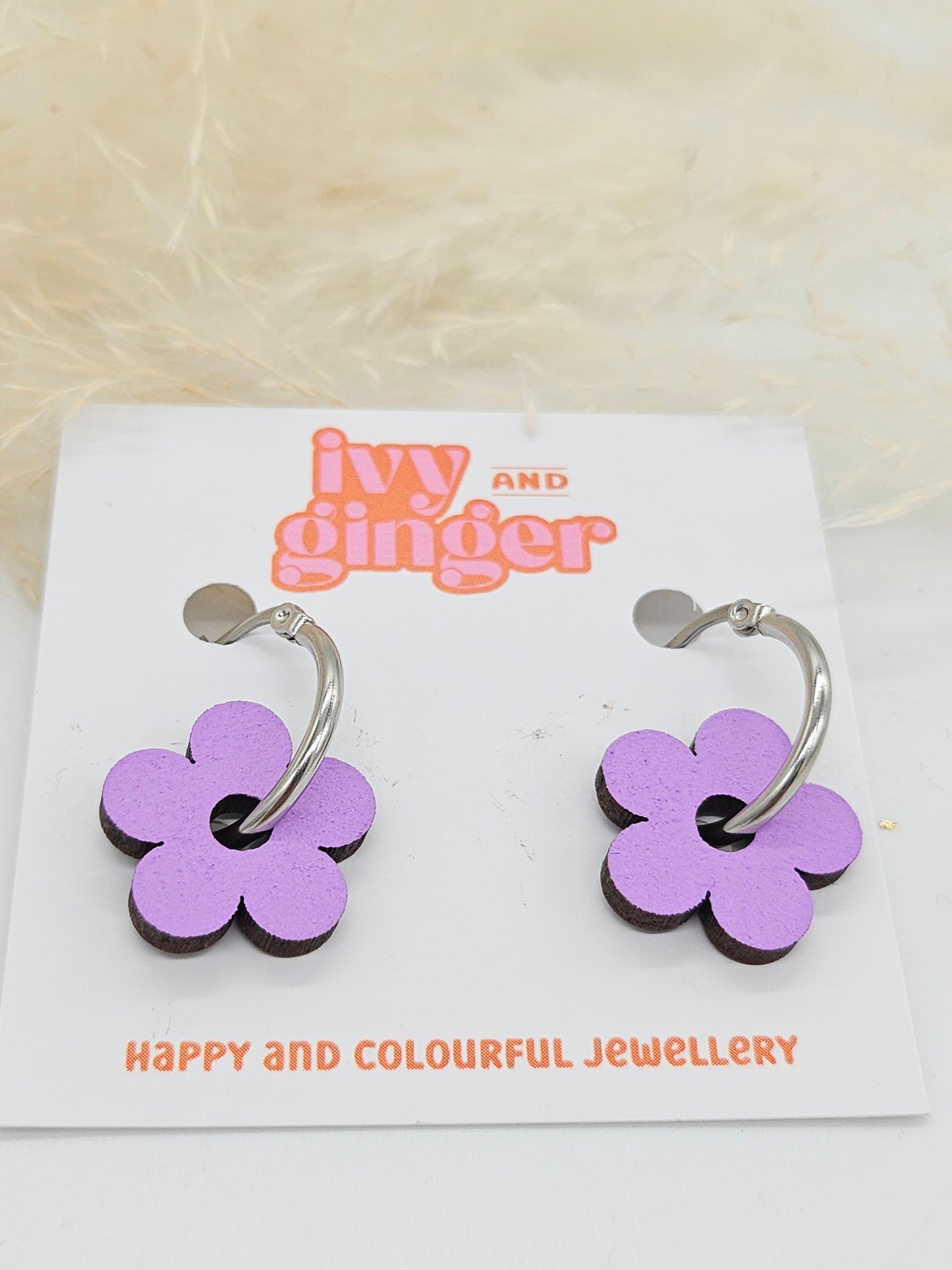 Lilac Hand Painted Wooden Flower Hoop Statement Earrings