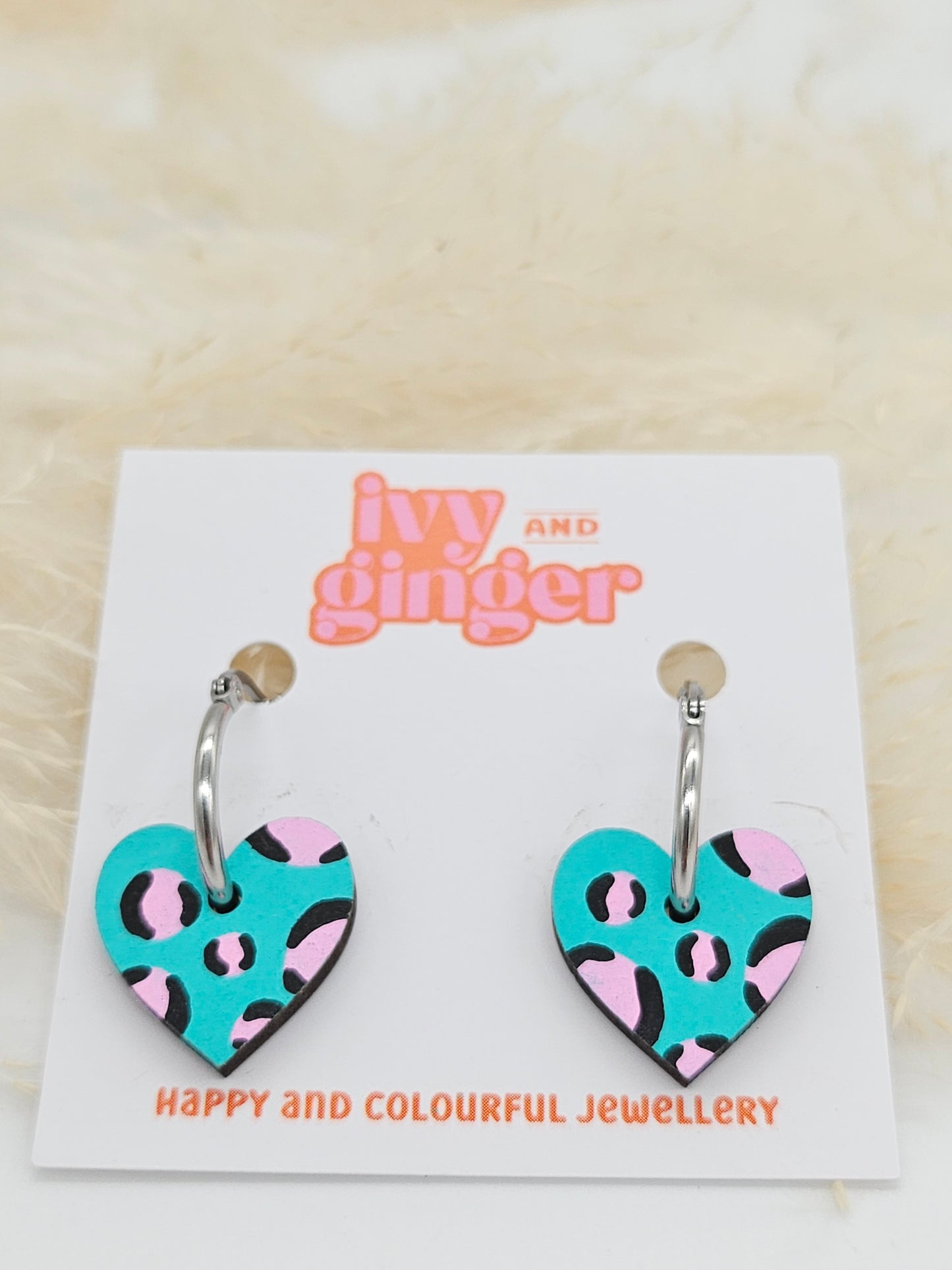 Green and Pink Leopard Print Heart Hoop Statement Earrings